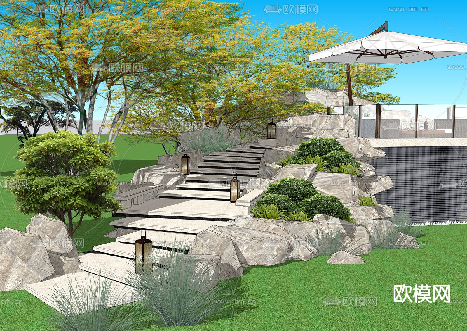 现代庭院景观阶梯su模型下载_ID13008197_sketchup模型下载-欧模网