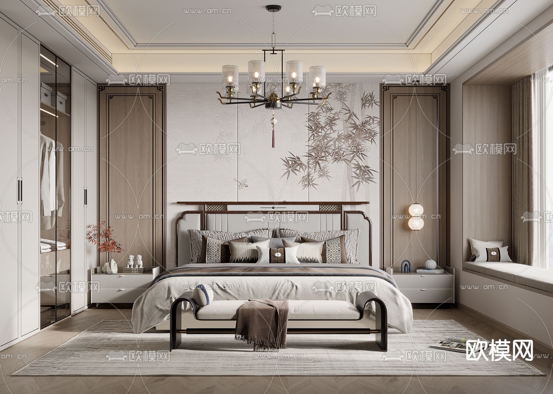 新中式卧室 主人房su模型下载（渲染图1）