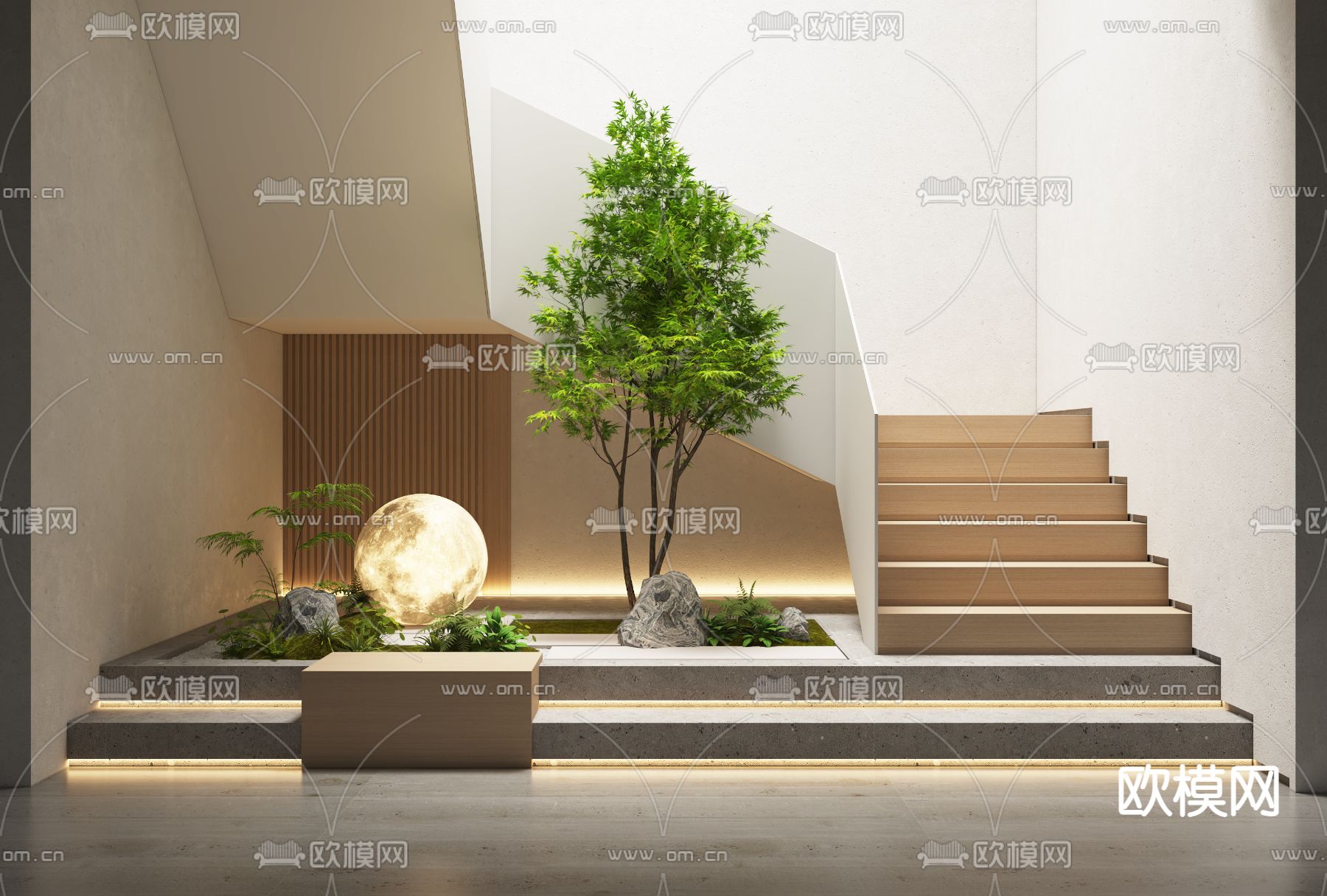 楼梯间 植物堆造景3d模型下载（渲染图1）