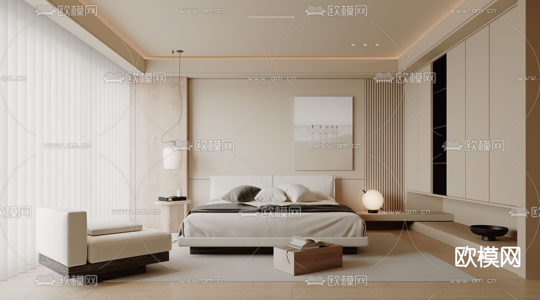 奶油风卧室 主人房su模型下载（渲染图1）