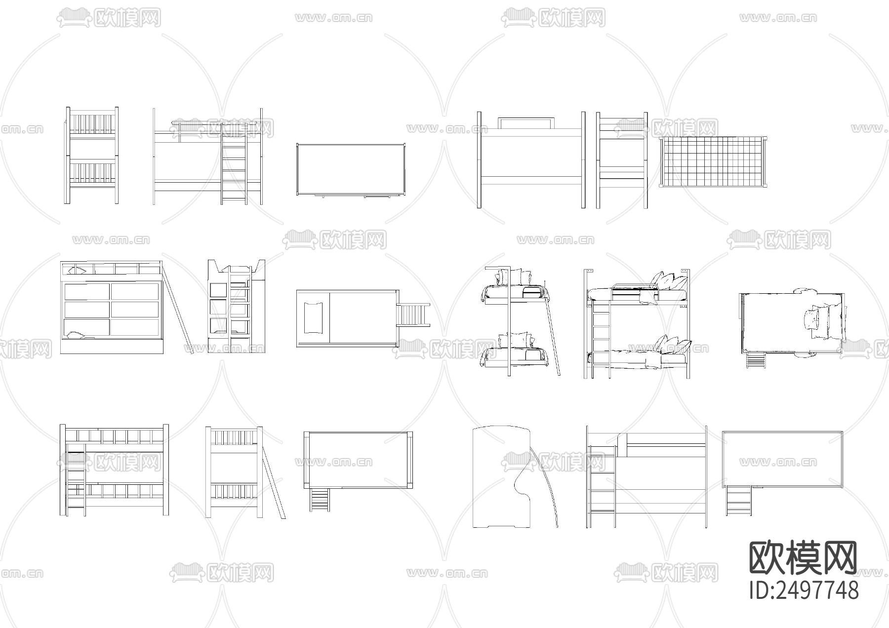 儿童床上下床平立面cad图库下载（渲染图8）