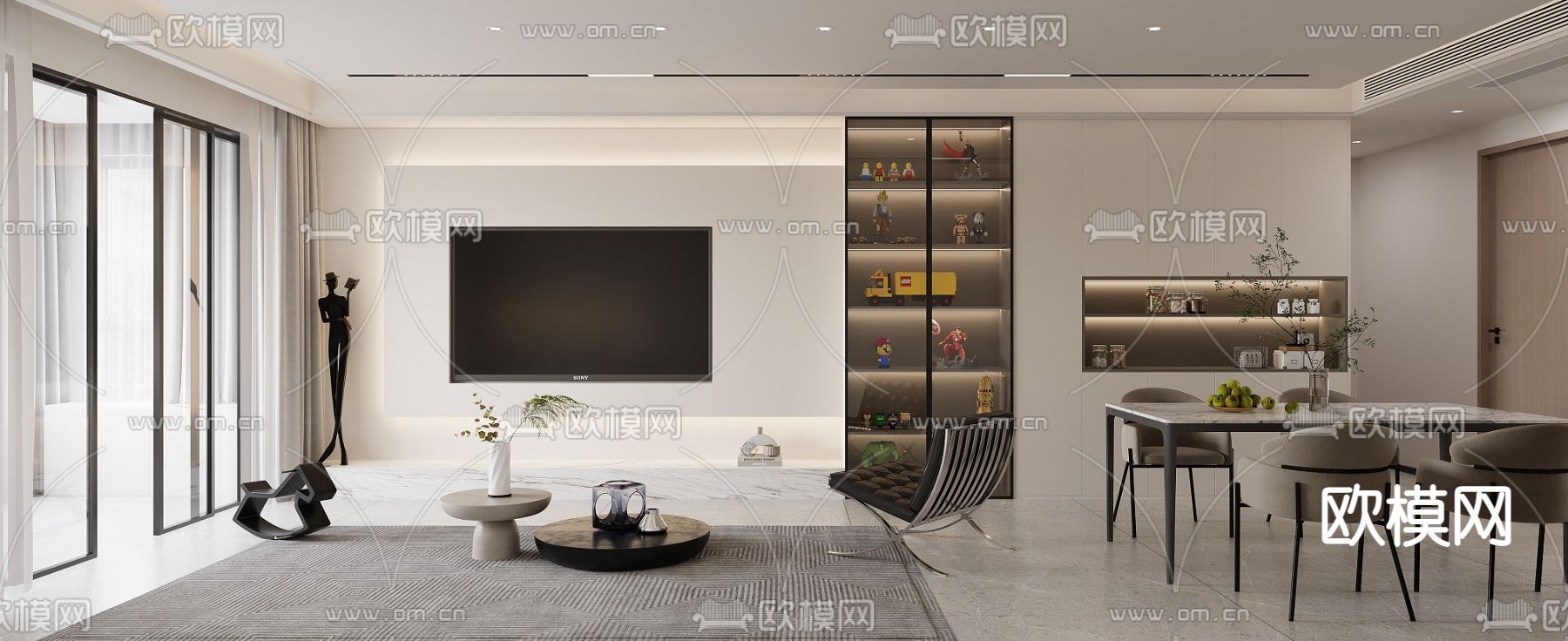 奶油风客厅 餐厅3d模型下载（渲染图2）