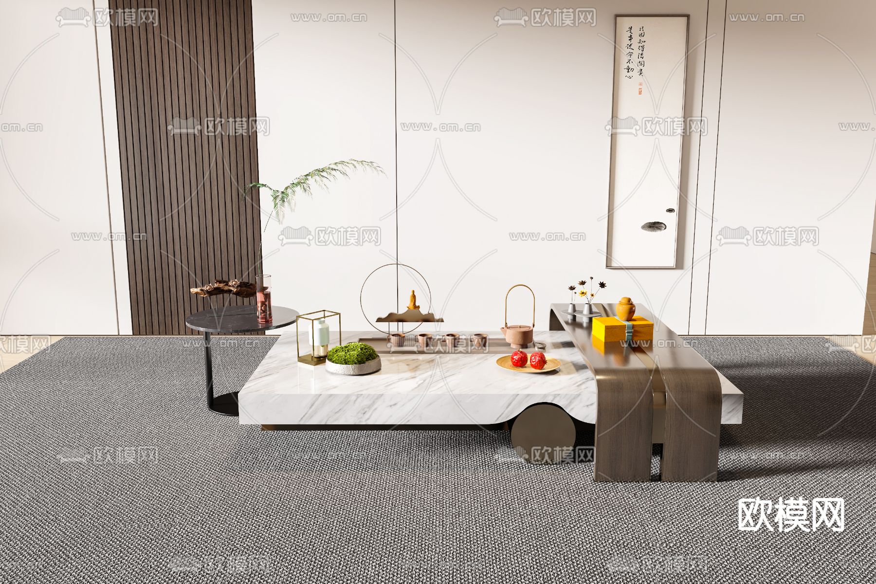 新中式茶几su模型下载（渲染图1）