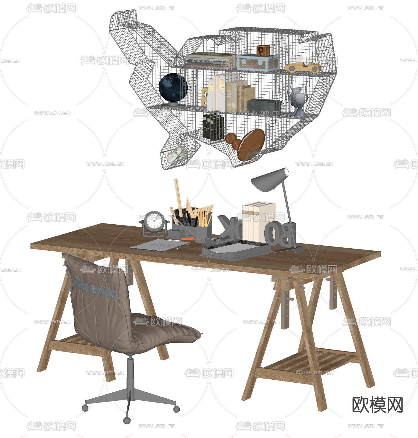 现代书桌椅 写字台su模型下载（渲染图2）