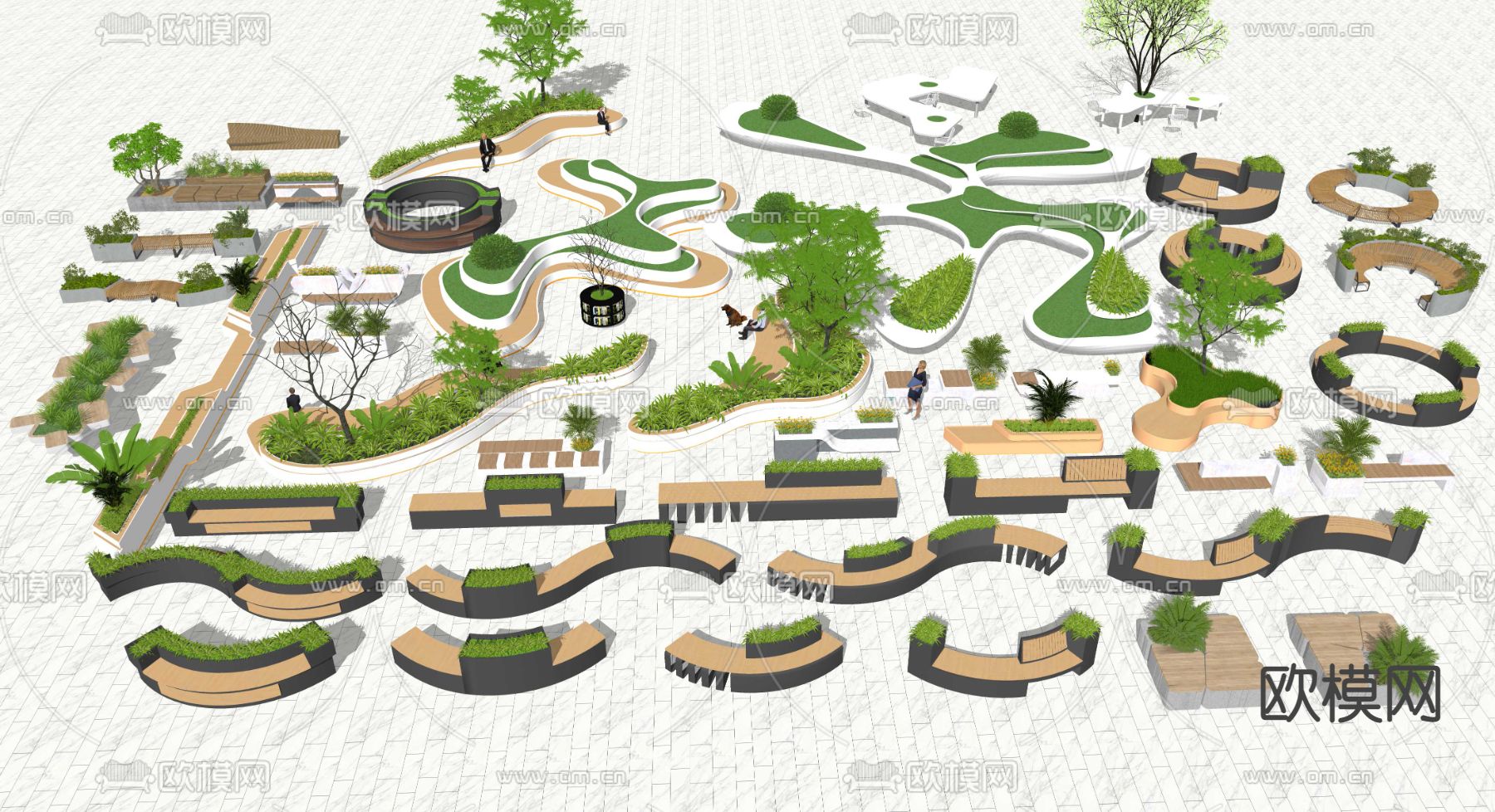 现代树池座凳 户外座椅su模型下载（渲染图2）