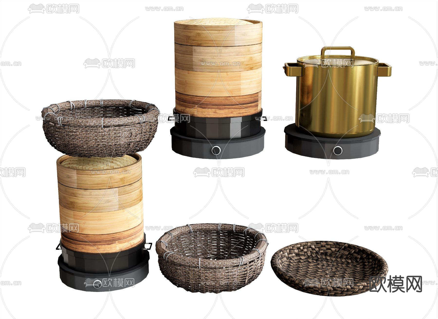 中式厨具 蒸笼 钢锅汤锅 竹篮簸箕su模型下载（渲染图1）