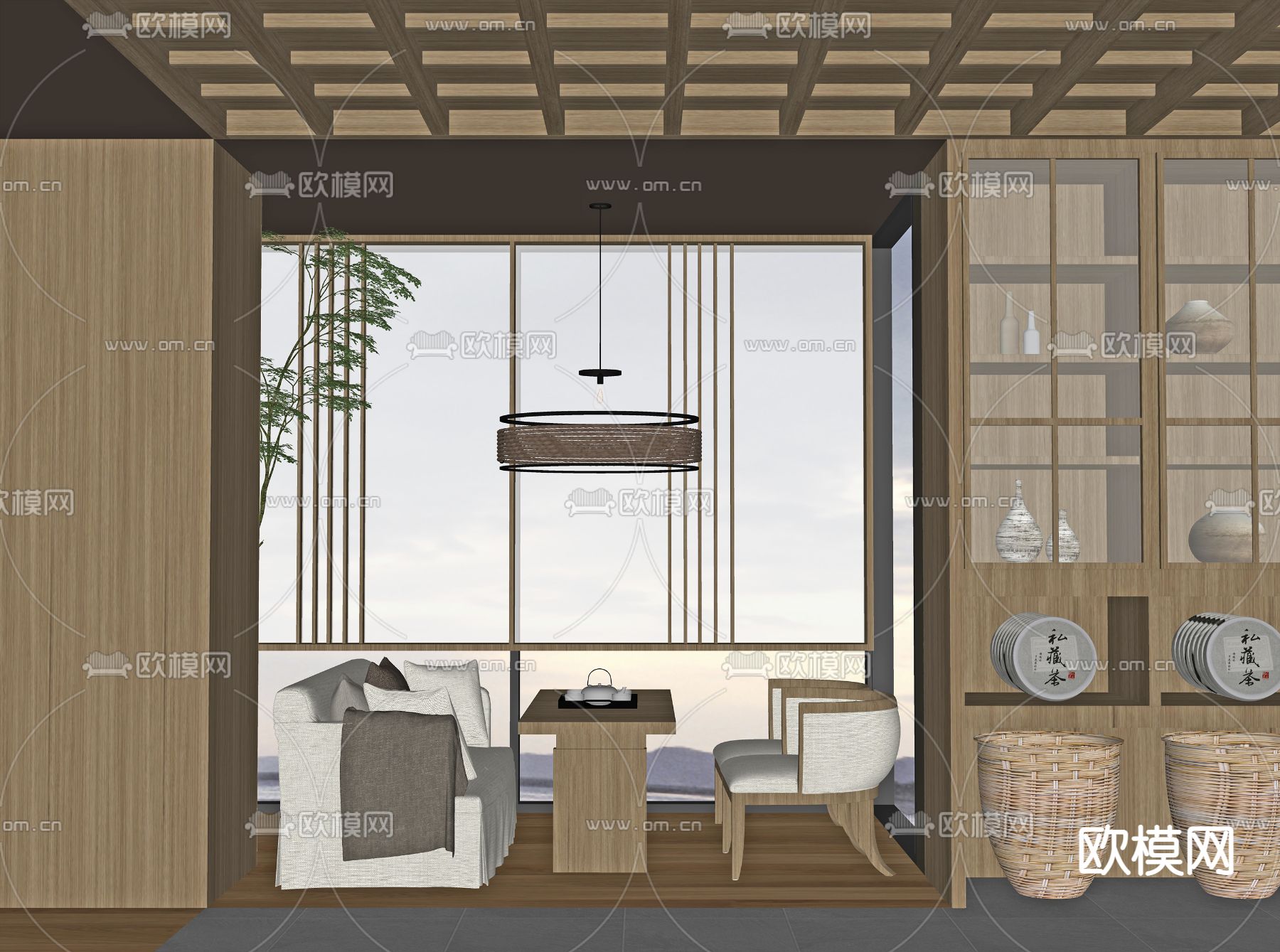 新中式茶室su模型下载（渲染图2）