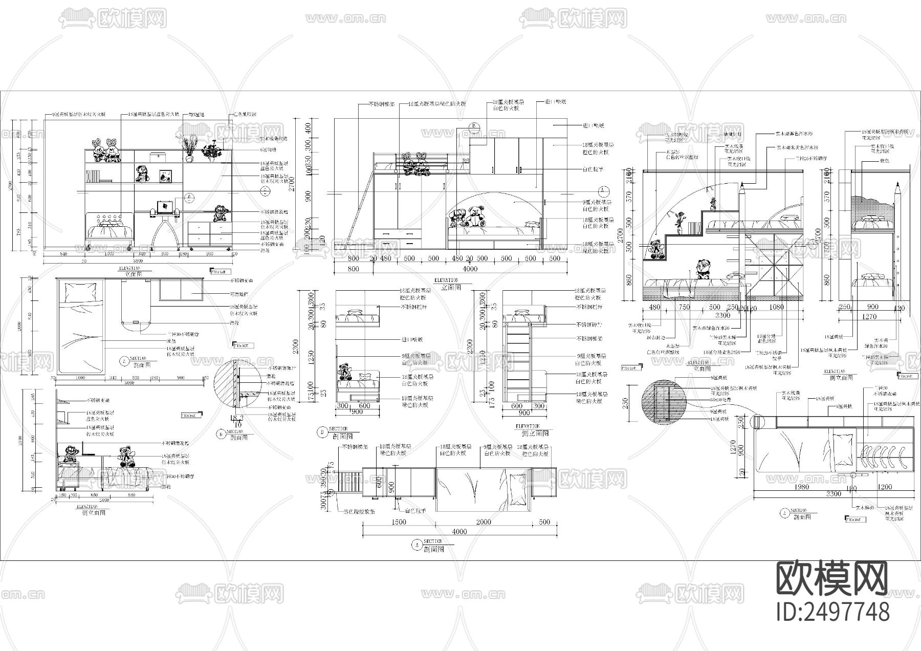 儿童床上下床平立面cad图库下载（渲染图5）