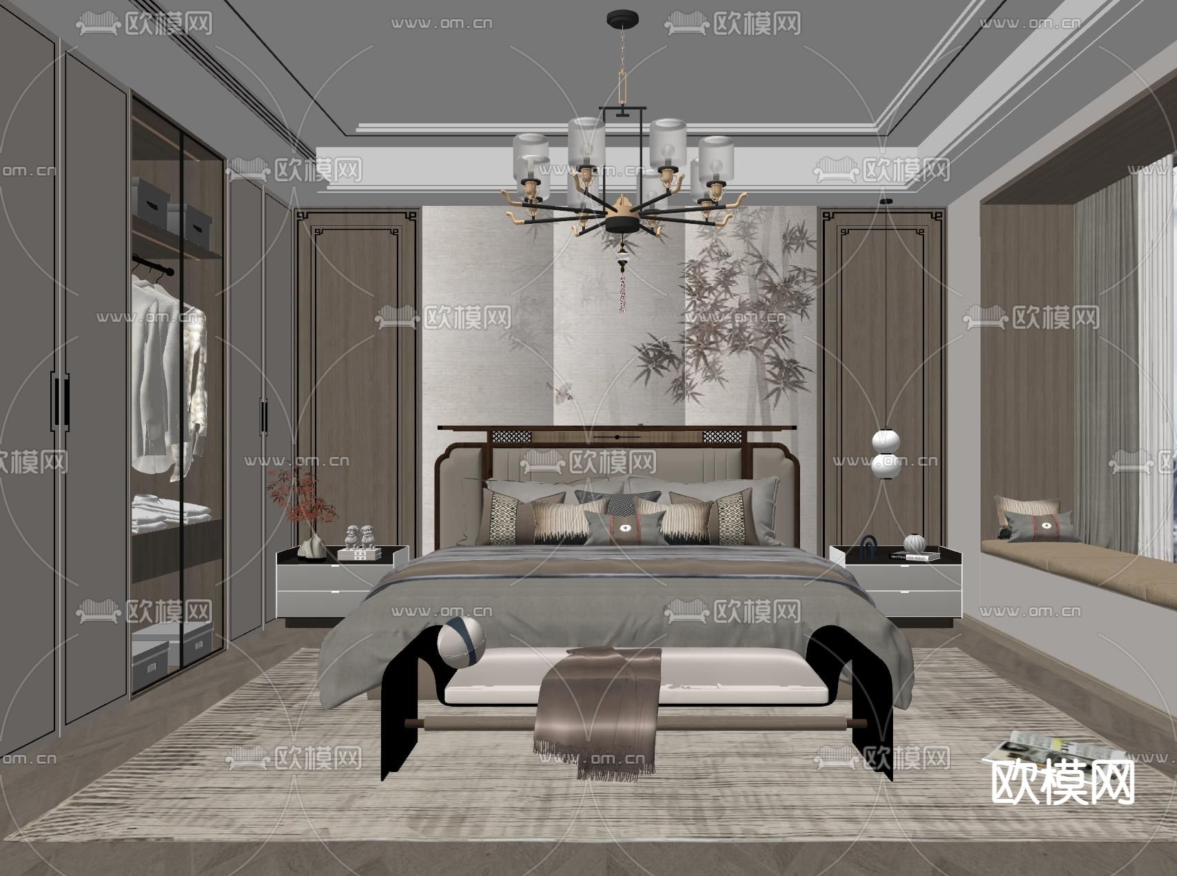 新中式卧室 主人房su模型下载（渲染图2）