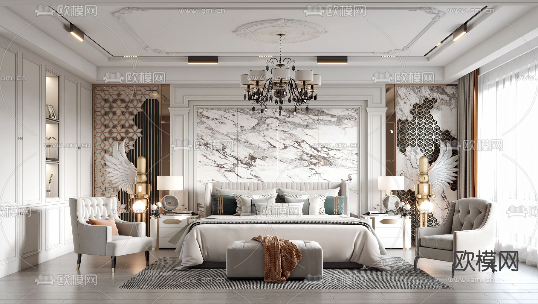 简欧卧室 主人房su模型下载（渲染图1）