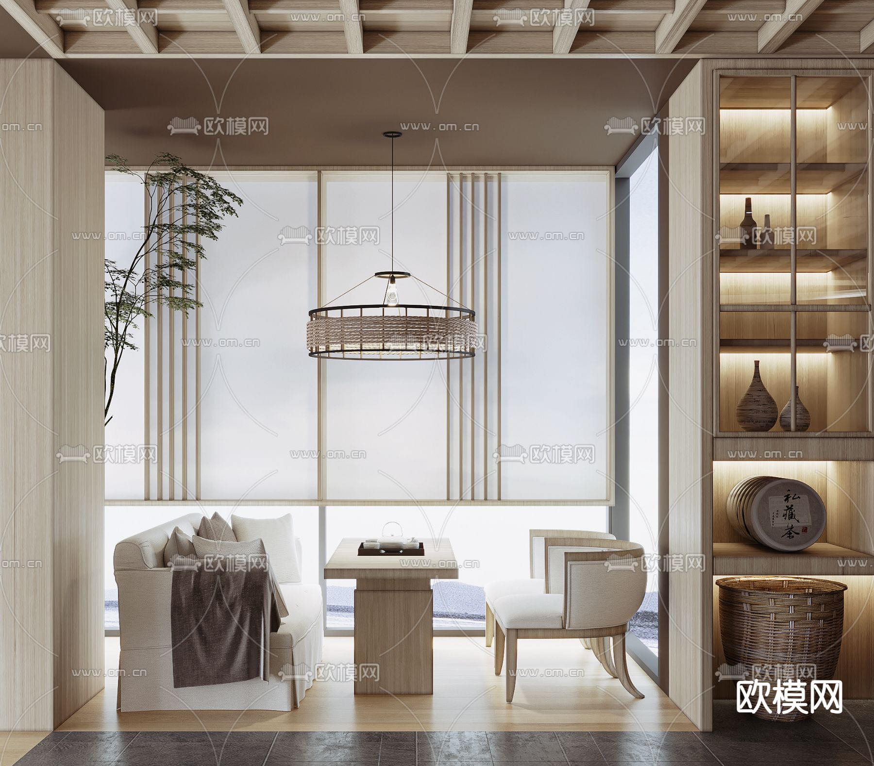 新中式茶室su模型下载（渲染图1）