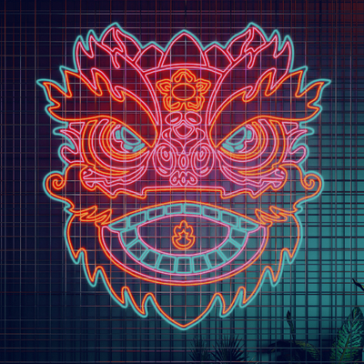  国潮醒狮霓虹灯 装饰灯su模型 