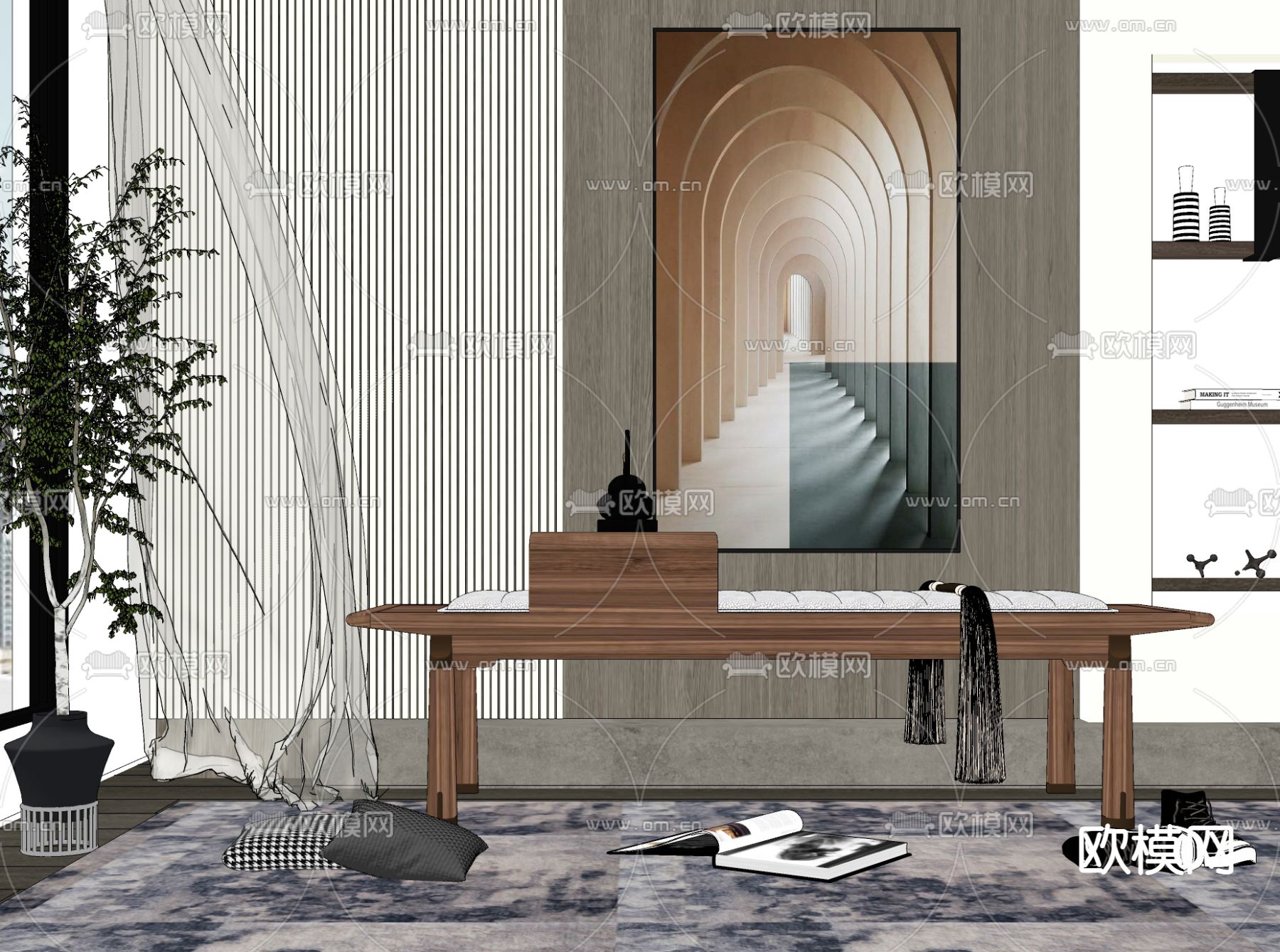 新中式沙发凳 床尾凳su模型下载（渲染图2）