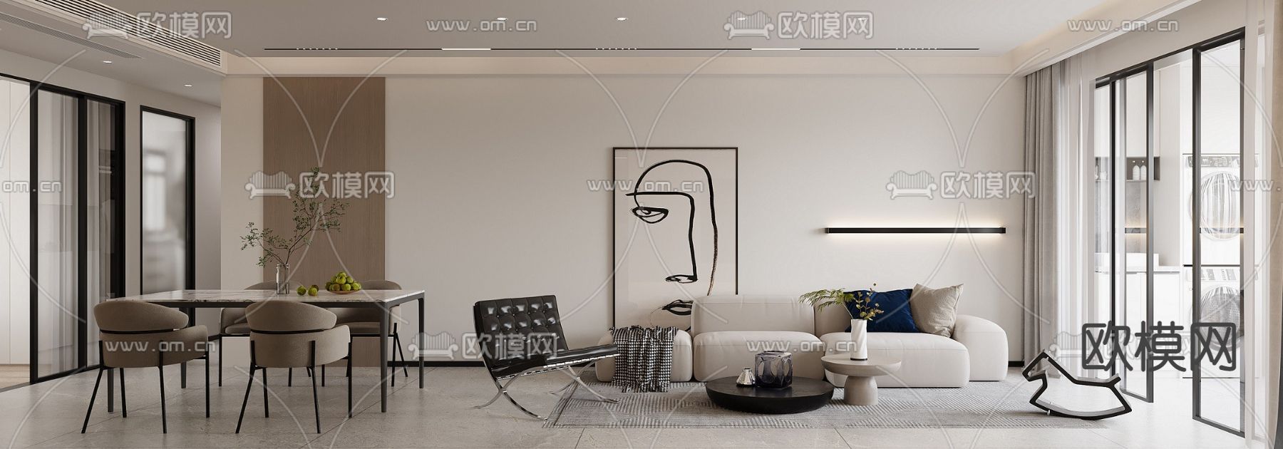 奶油风客厅 餐厅3d模型下载（渲染图1）