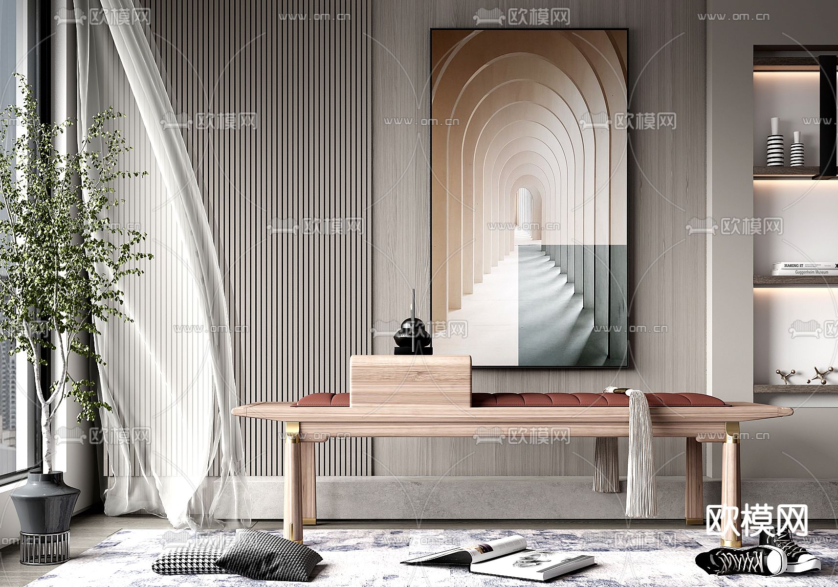 新中式沙发凳 床尾凳su模型下载（渲染图1）