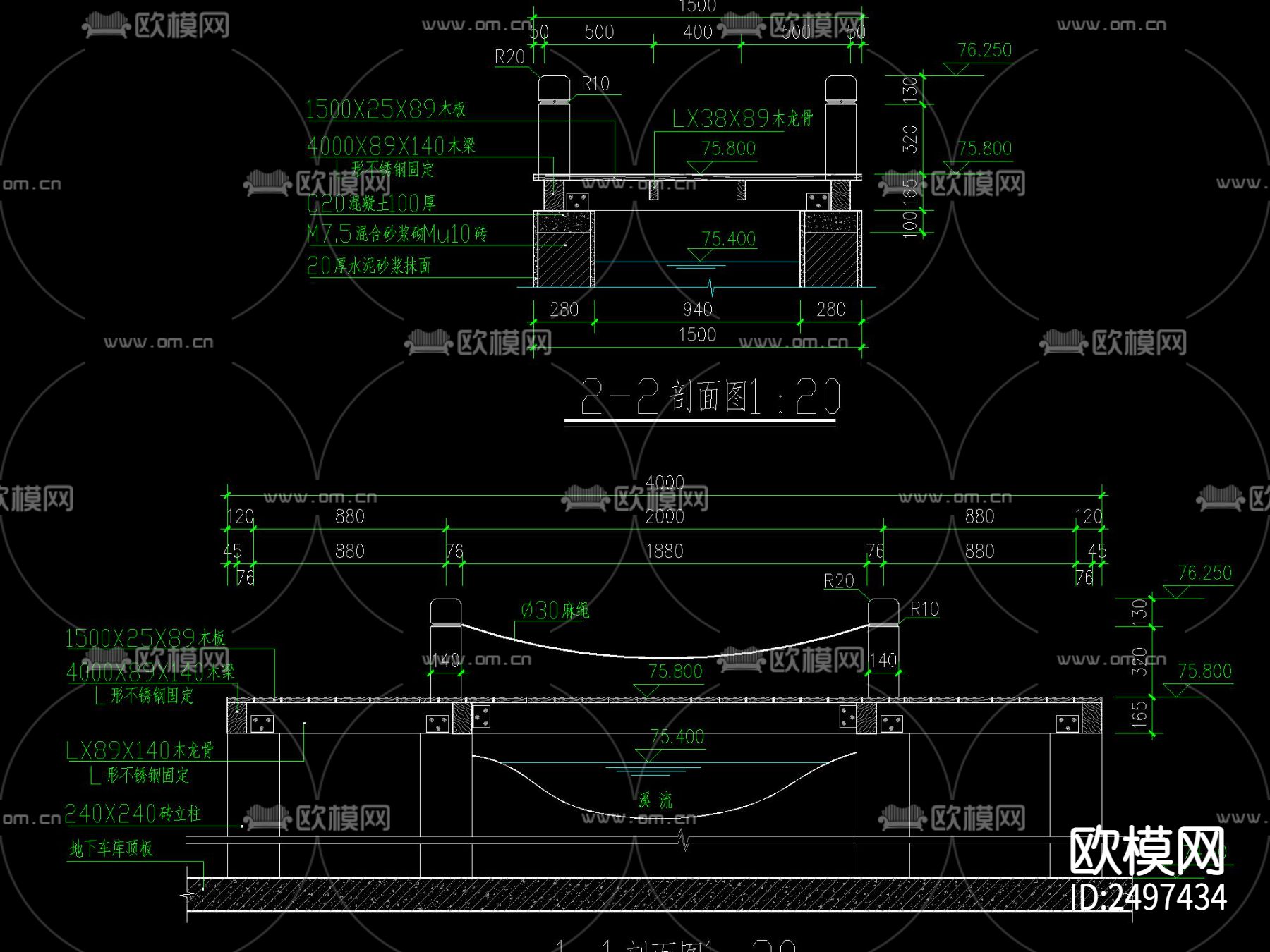 现代临水及水中木栈道做法节点大样下载（渲染图1）