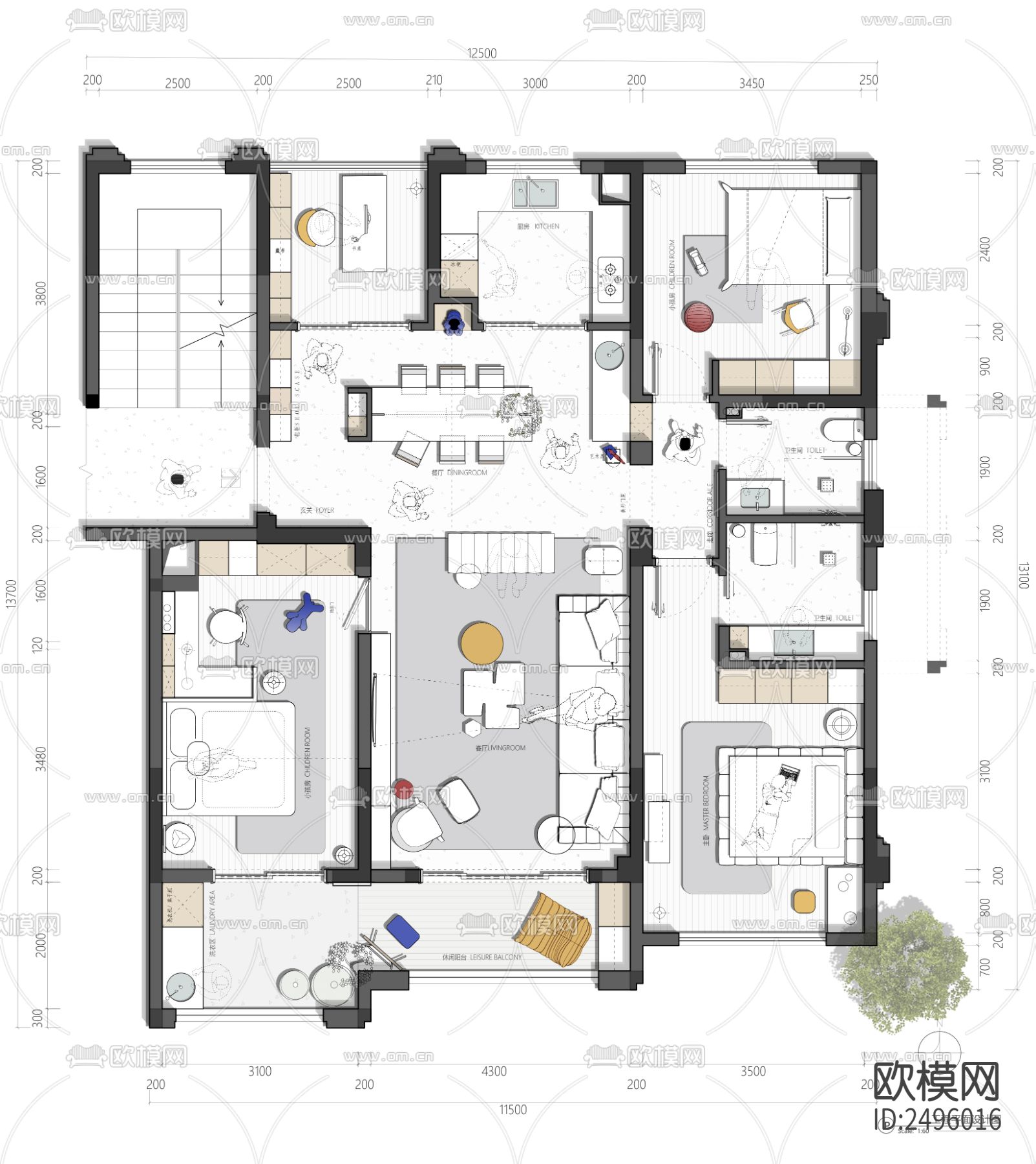 140平平面设计cad施工图下载（渲染图1）