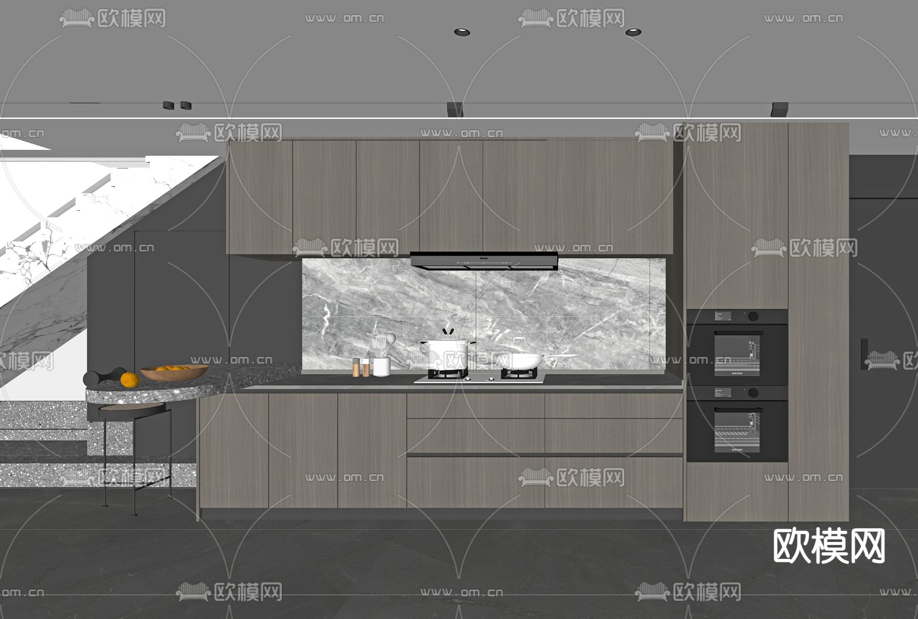 现代厨房橱柜su模型下载（渲染图2）