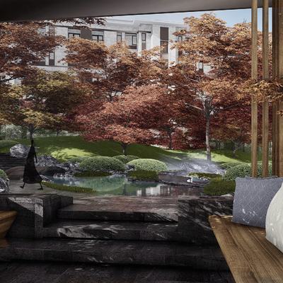  新中式枫叶景观 流水园林su模型 