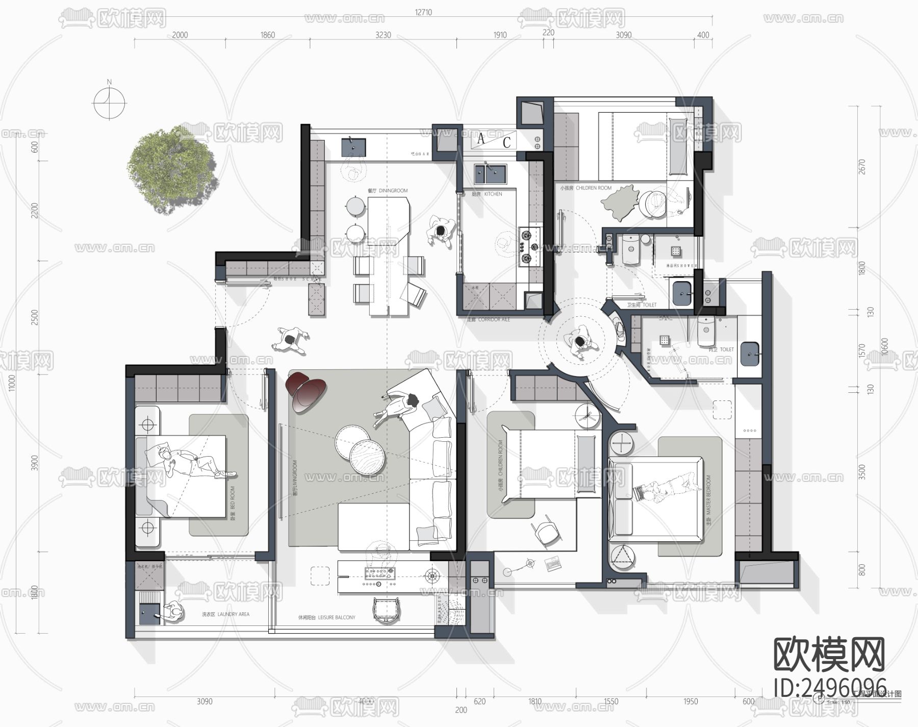 130平户型设计cad施工图下载（渲染图2）