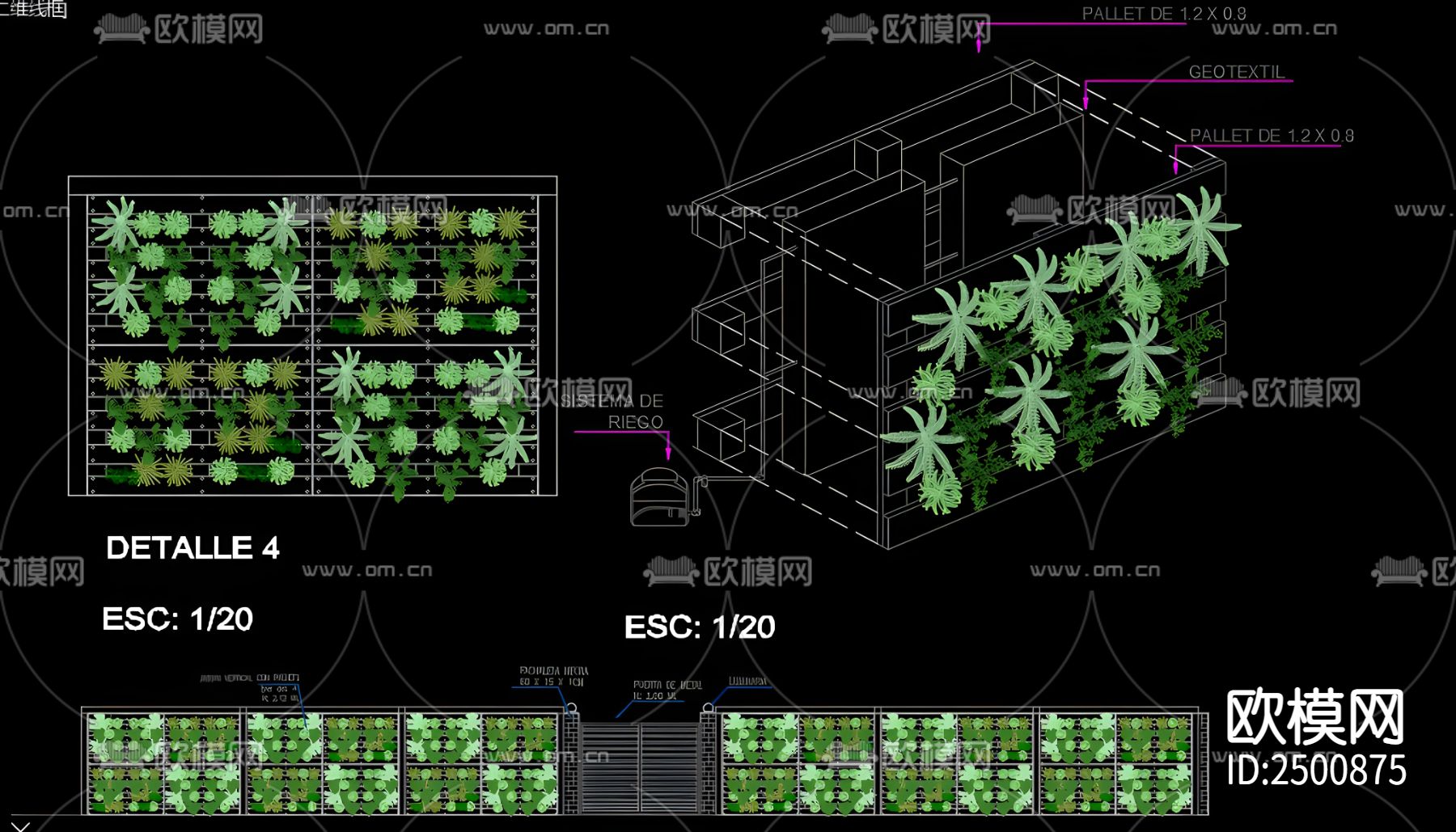 篱笆墙CAD施工图下载（渲染图3）