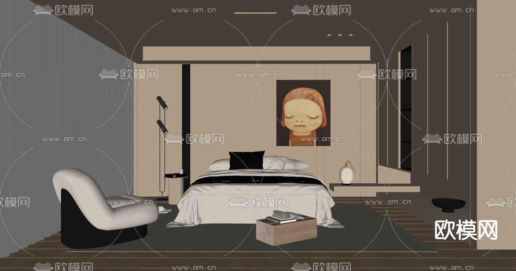 奶油风卧室 主人房su模型下载（渲染图2）