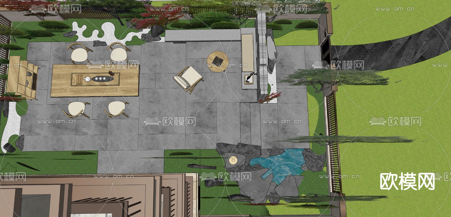 新中式庭院 花园su模型下载（渲染图2）