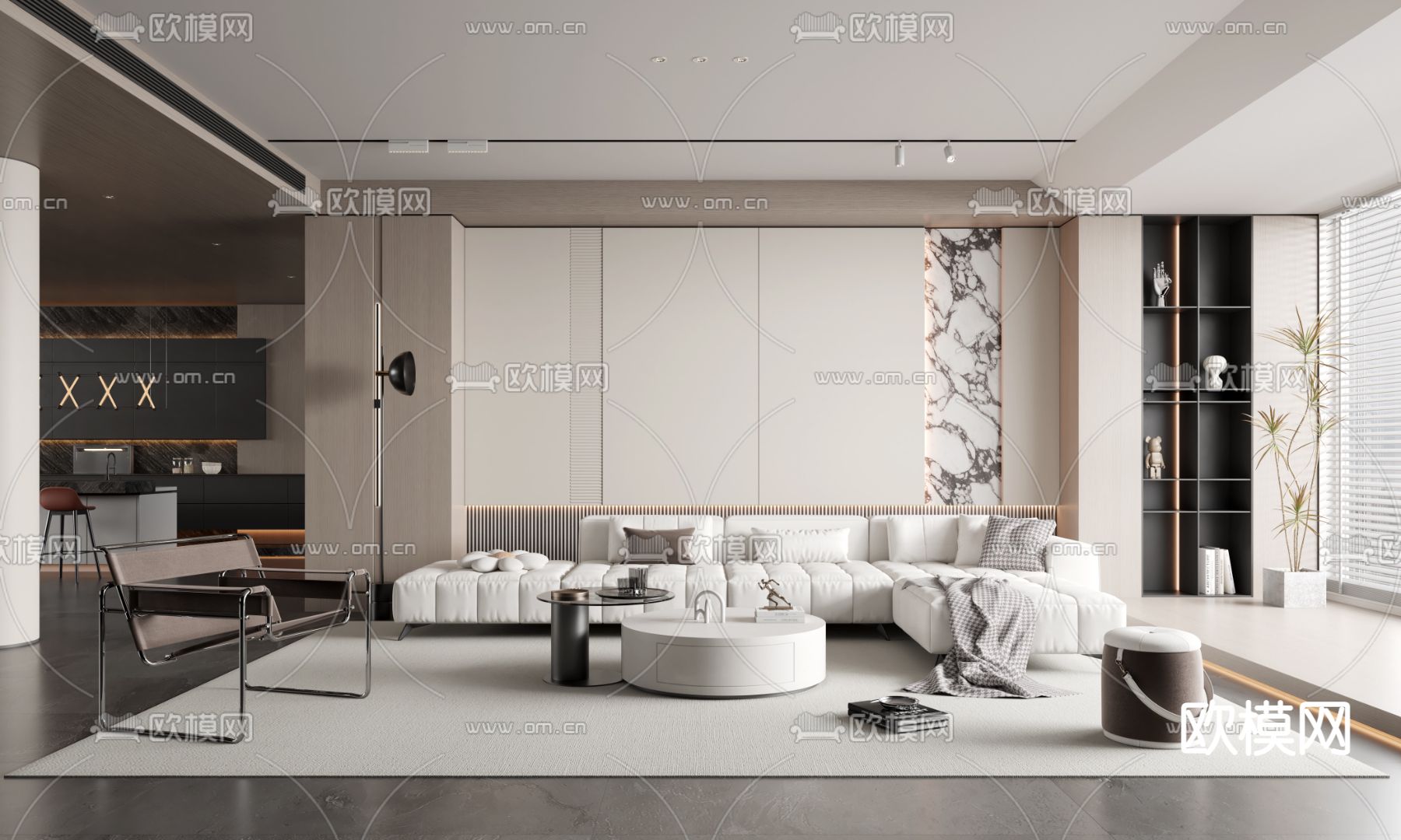 奶油风客厅3d模型下载（渲染图1）