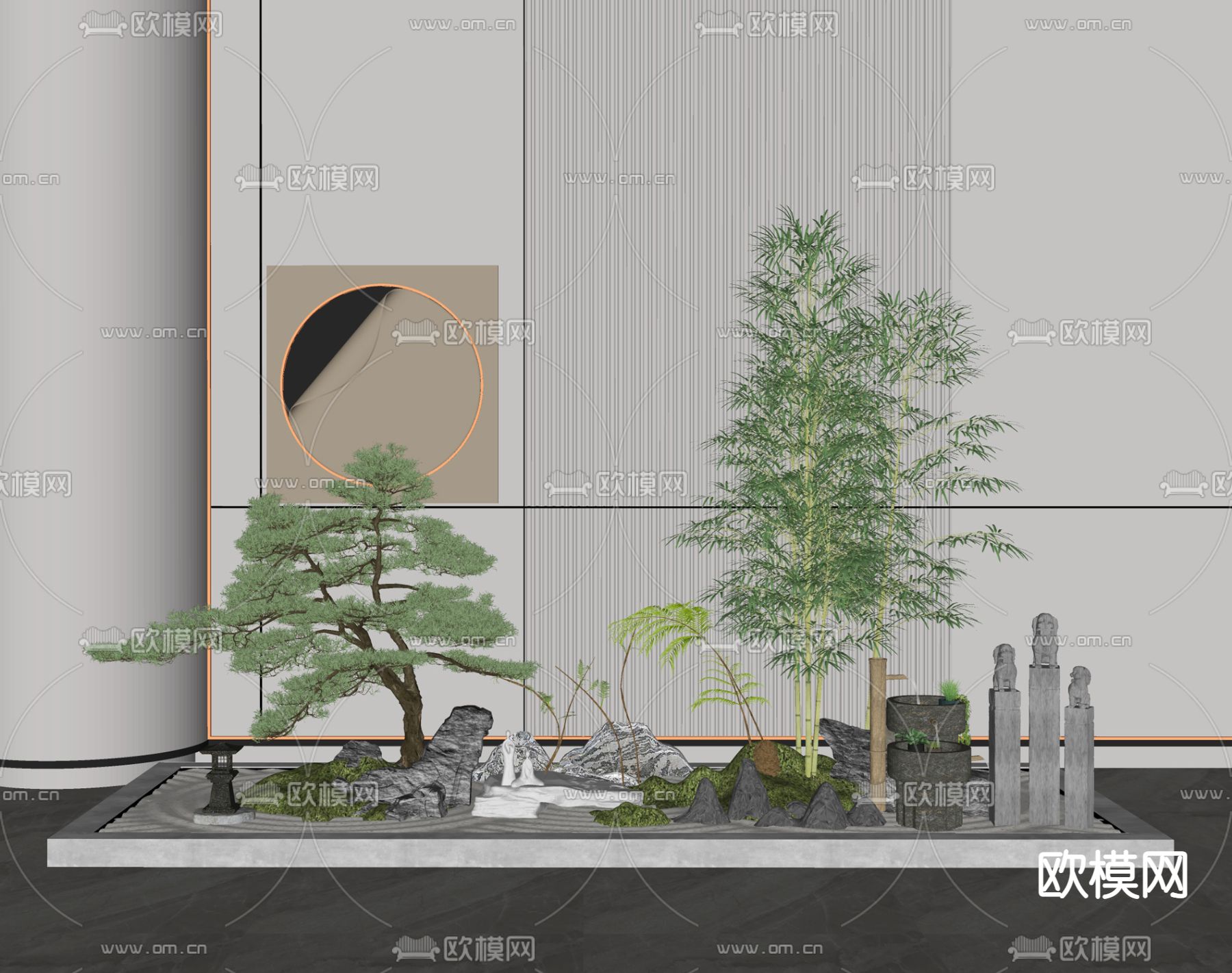 新中式竹子松树植物堆su模型下载（渲染图2）
