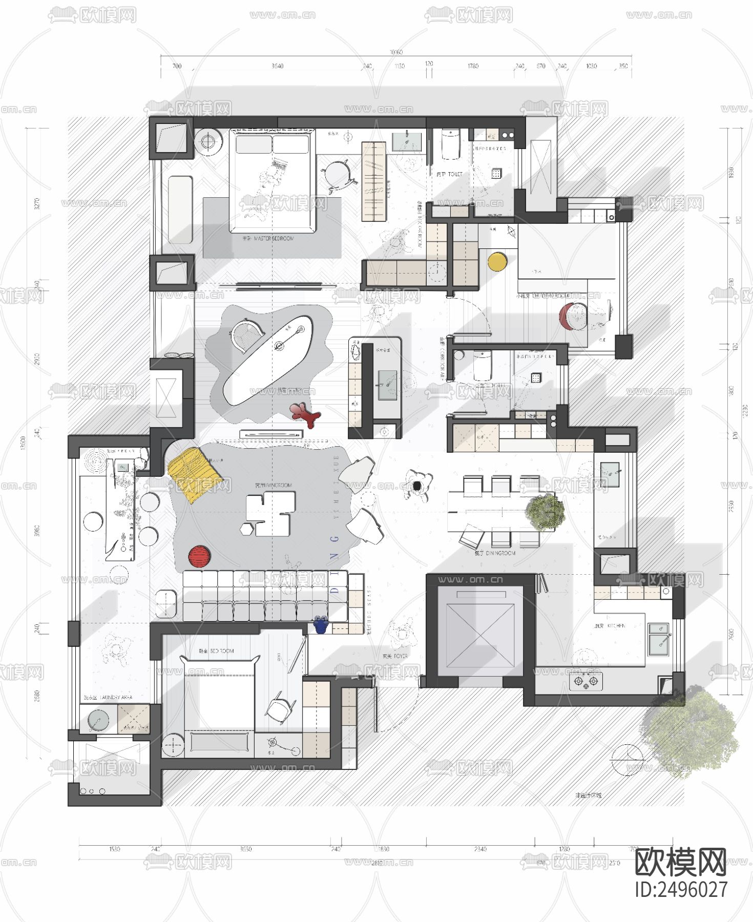 140平户型优化cad施工图下载（渲染图1）
