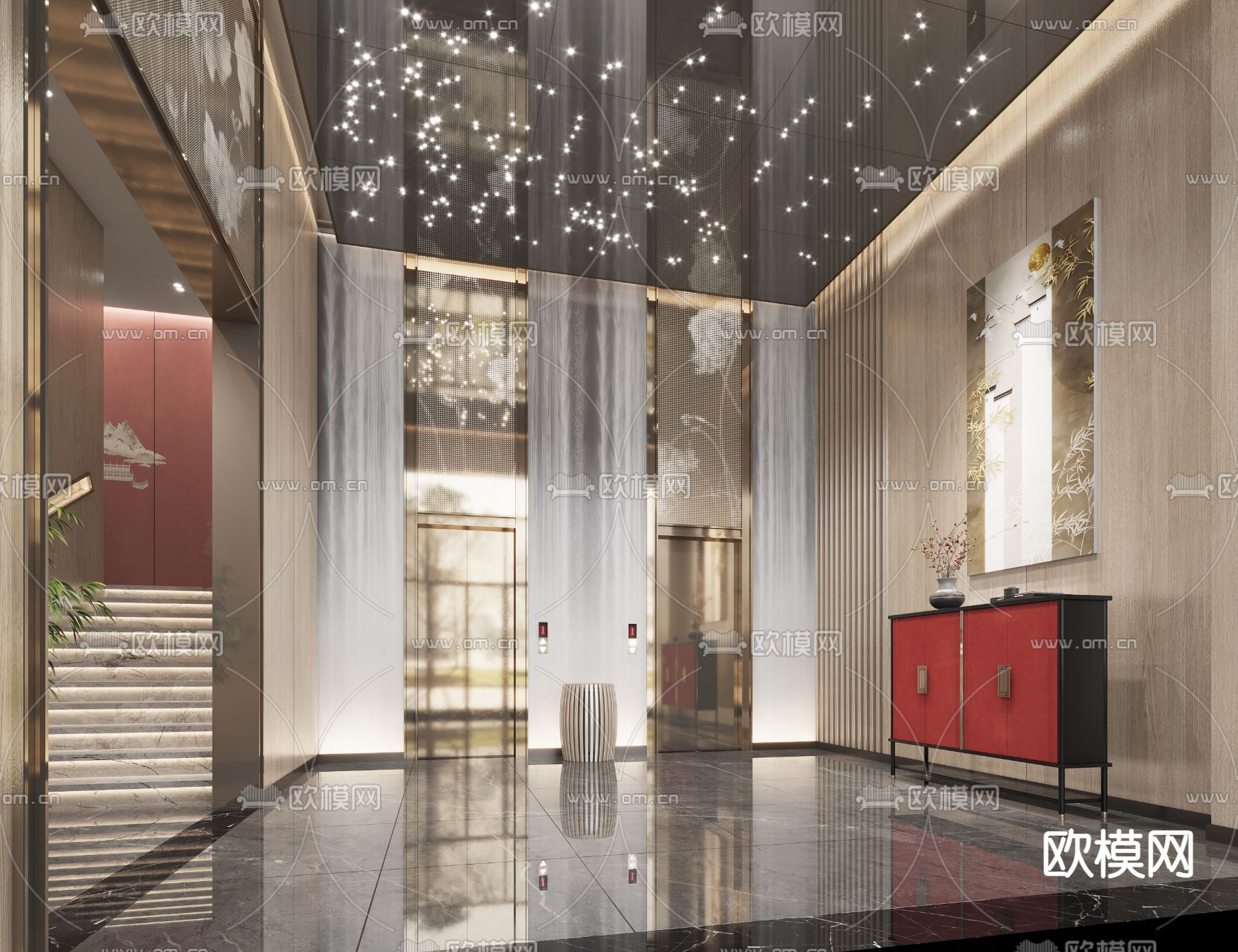 新中式酒店电梯厅3d模型下载