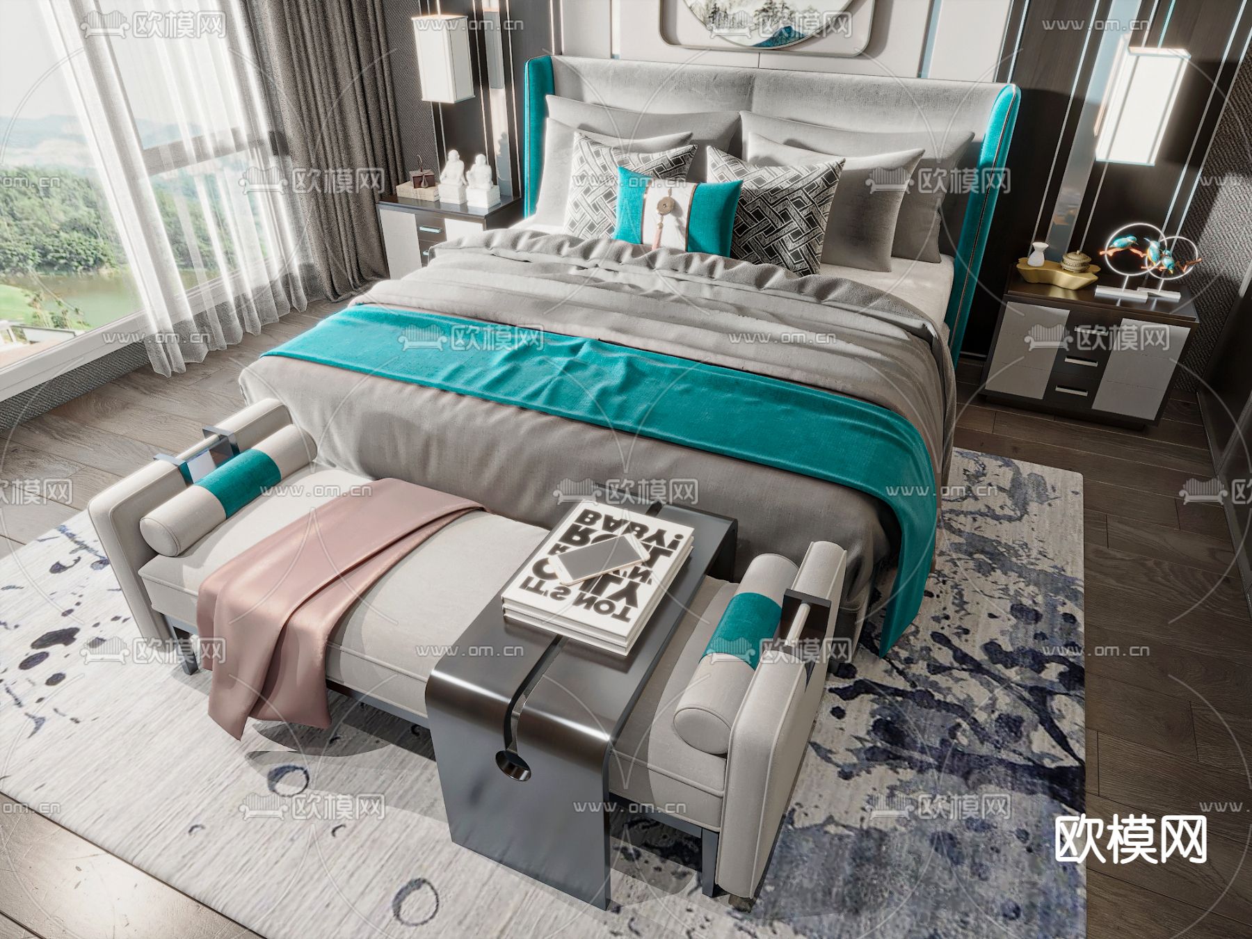 新中式双人床3d模型下载