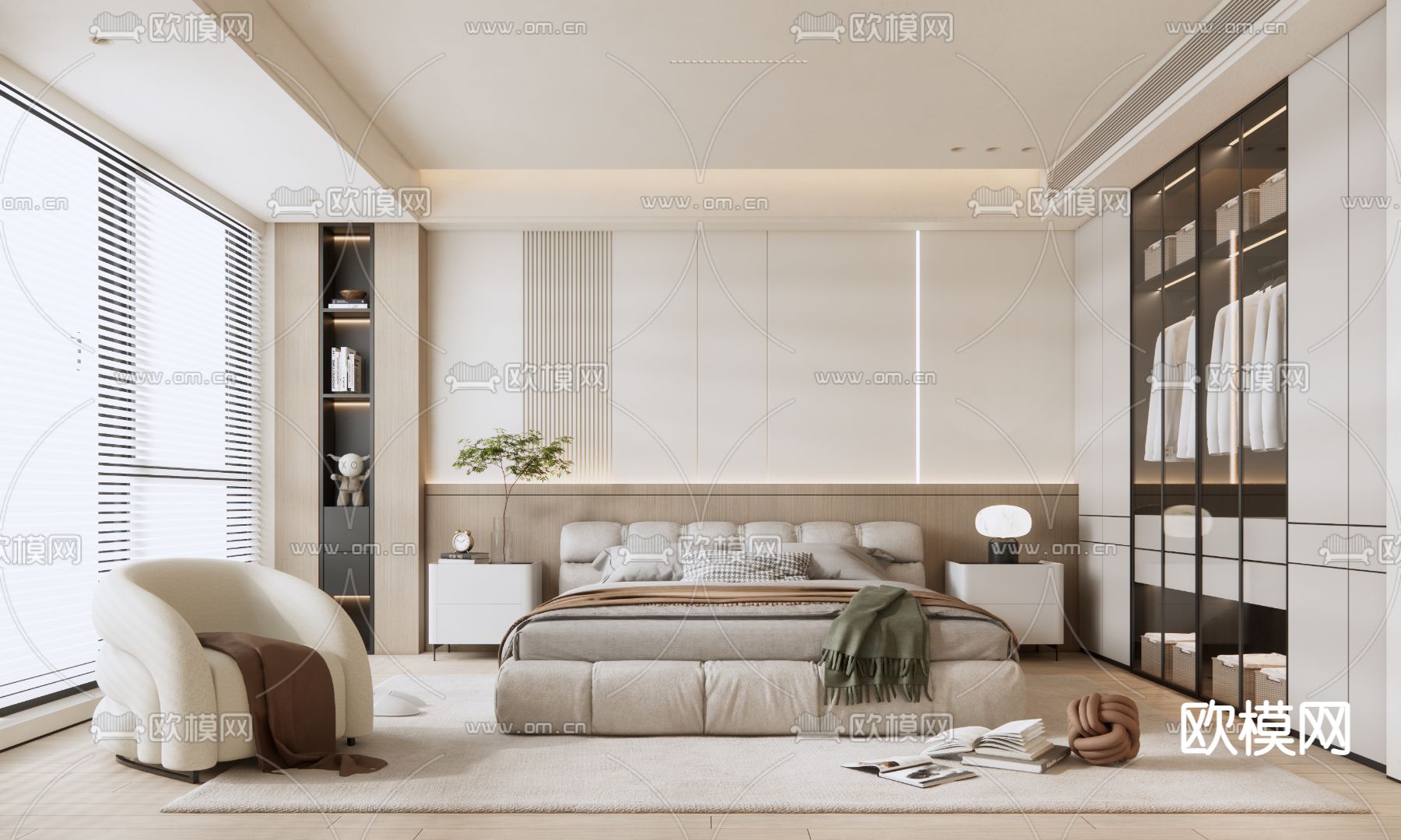 奶油风卧室 主人房su模型下载（渲染图1）