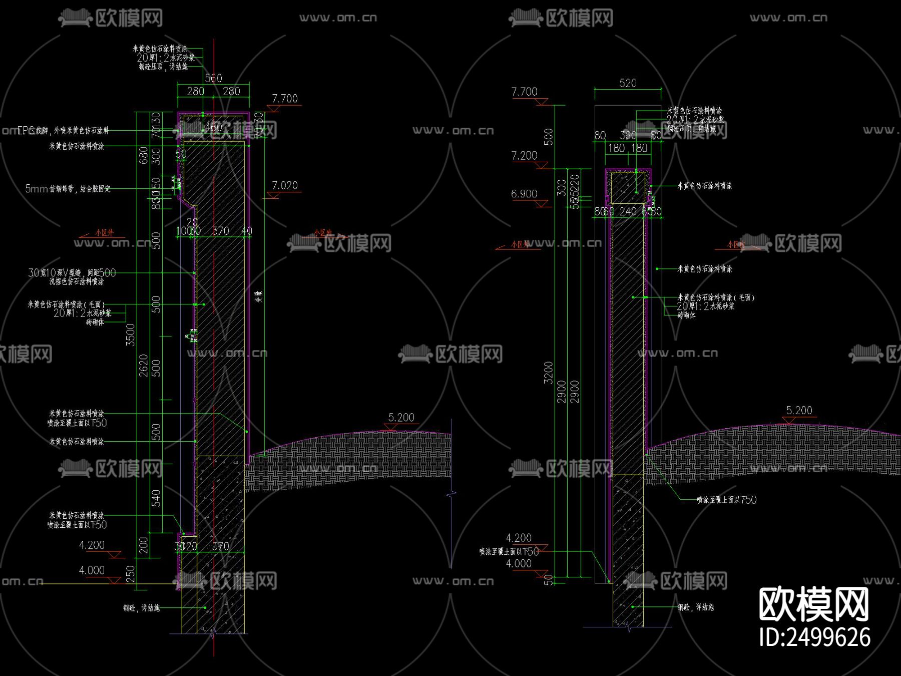 欧式真石漆EPS线脚围墙CAD施工图下载（渲染图2）
