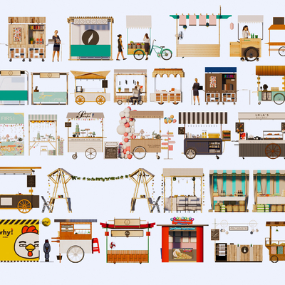  现代售卖棚 售卖小推车su模型 