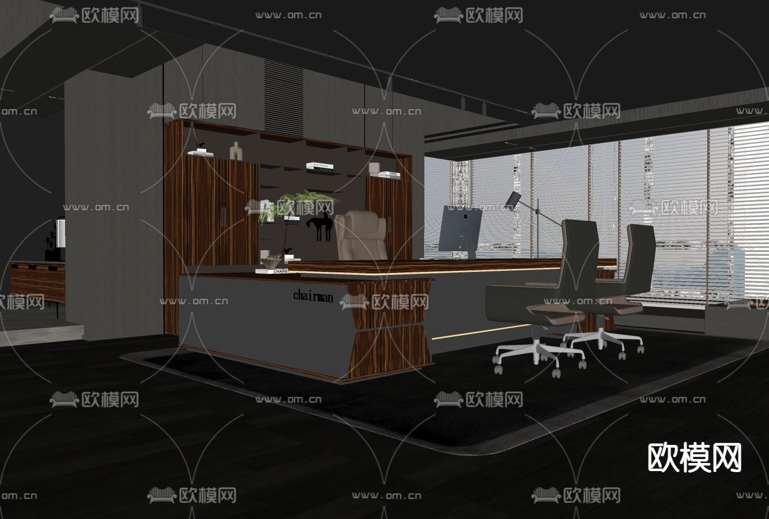 暗黑风董事长室 总经理室su模型下载（渲染图2）