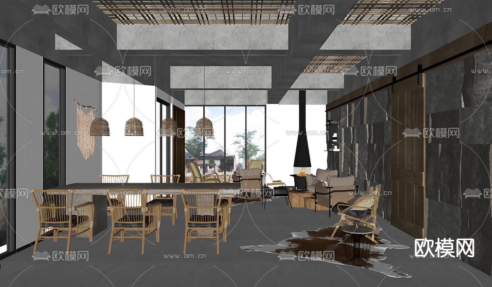 侘寂风民宿大堂su模型下载（渲染图2）