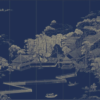  新中式线条山水阁楼壁纸 