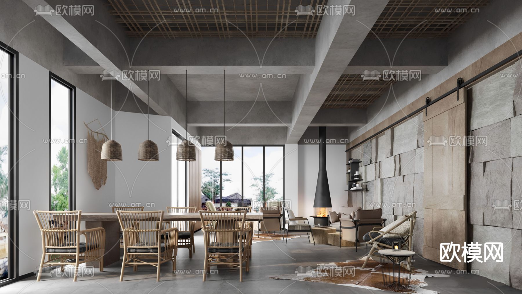 侘寂风民宿大堂su模型下载（渲染图1）