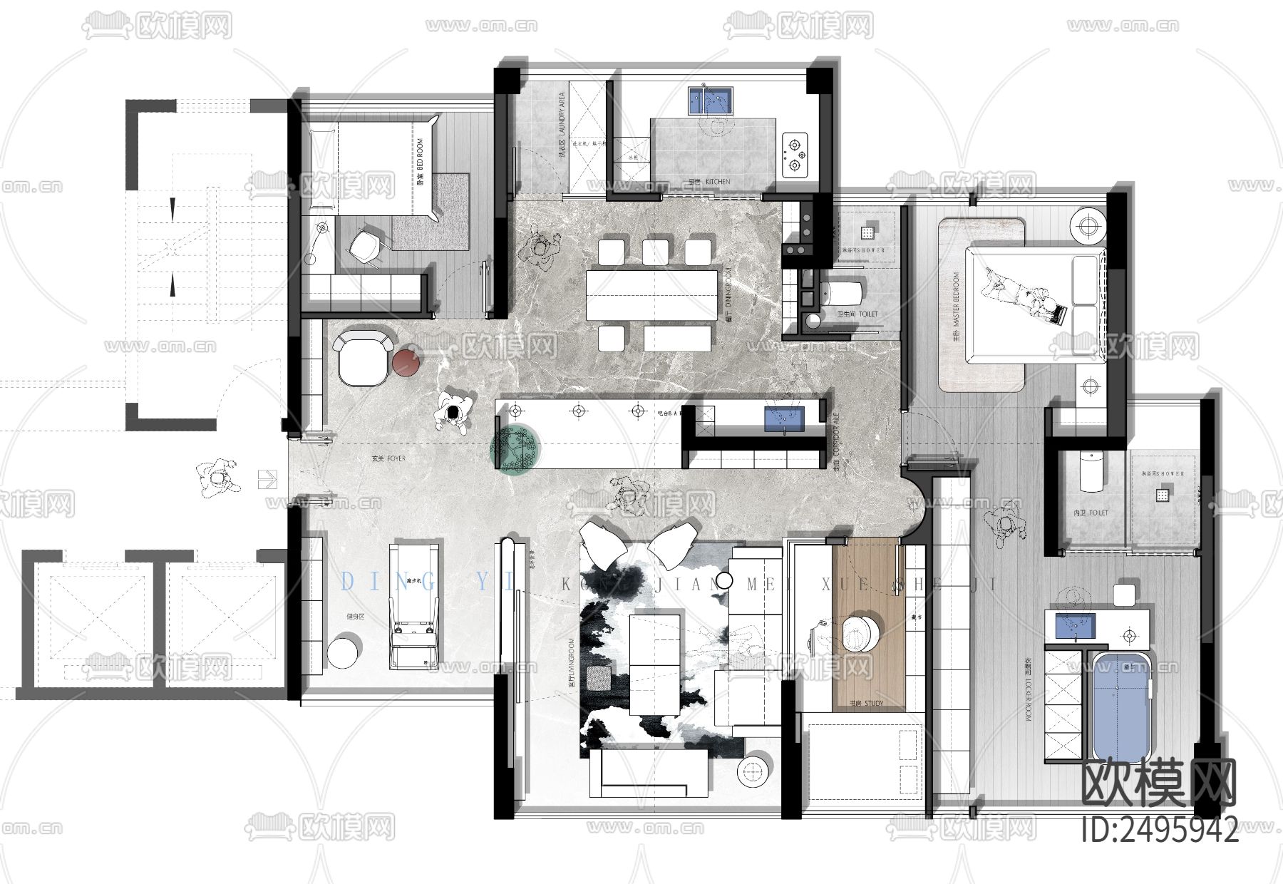 153平米cad施工图下载（渲染图1）