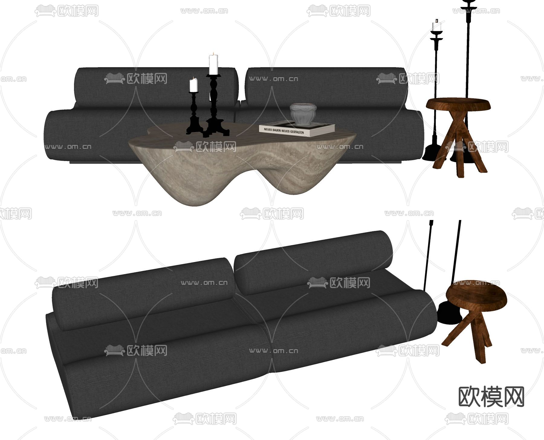 暗黑风布艺双人沙发茶几组合su模型下载（渲染图2）