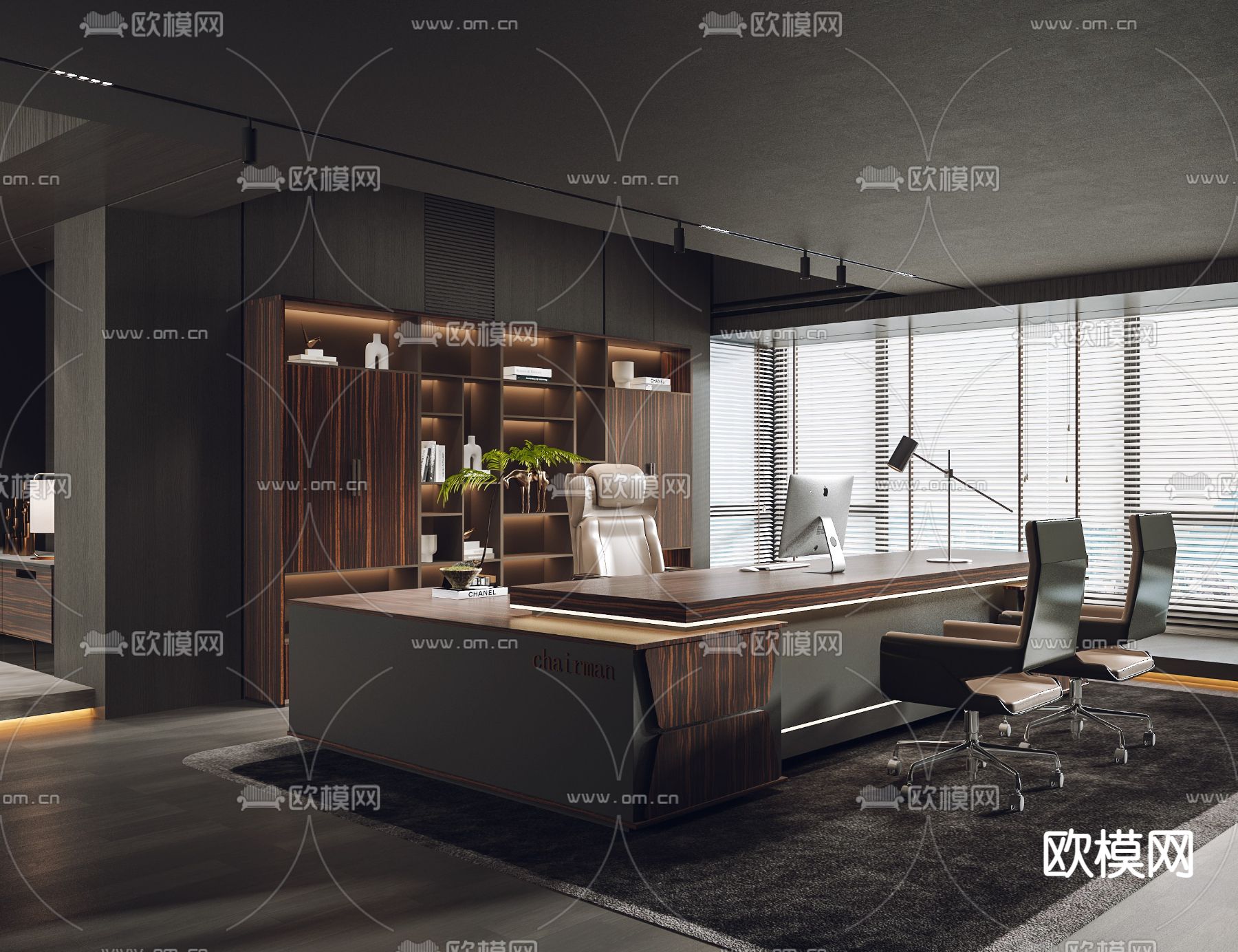 暗黑风董事长室 总经理室su模型下载（渲染图1）