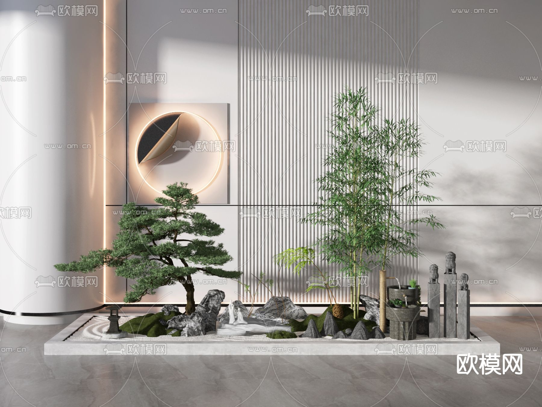 新中式竹子松树植物堆su模型下载（渲染图1）