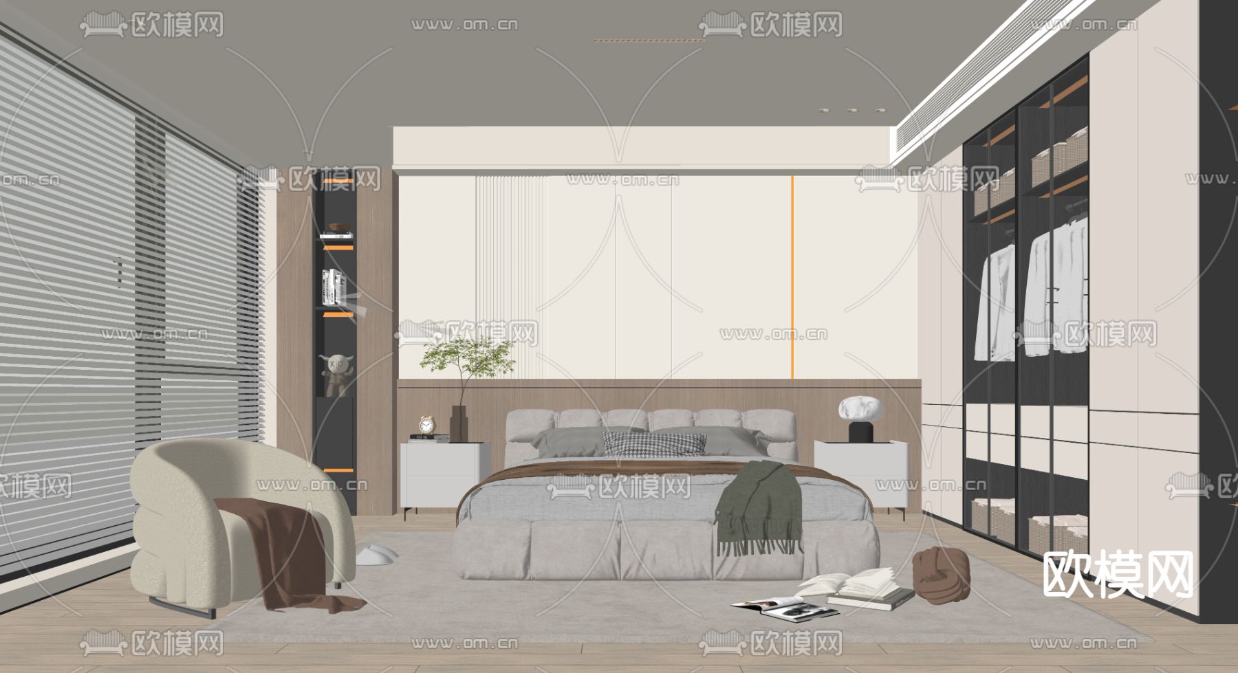 奶油风卧室 主人房su模型下载（渲染图7）