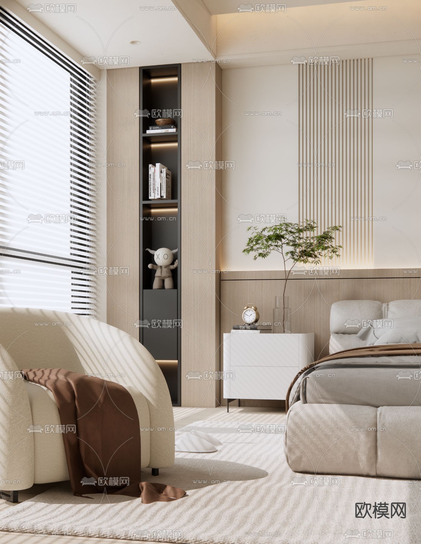 奶油风卧室 主人房su模型下载（渲染图2）