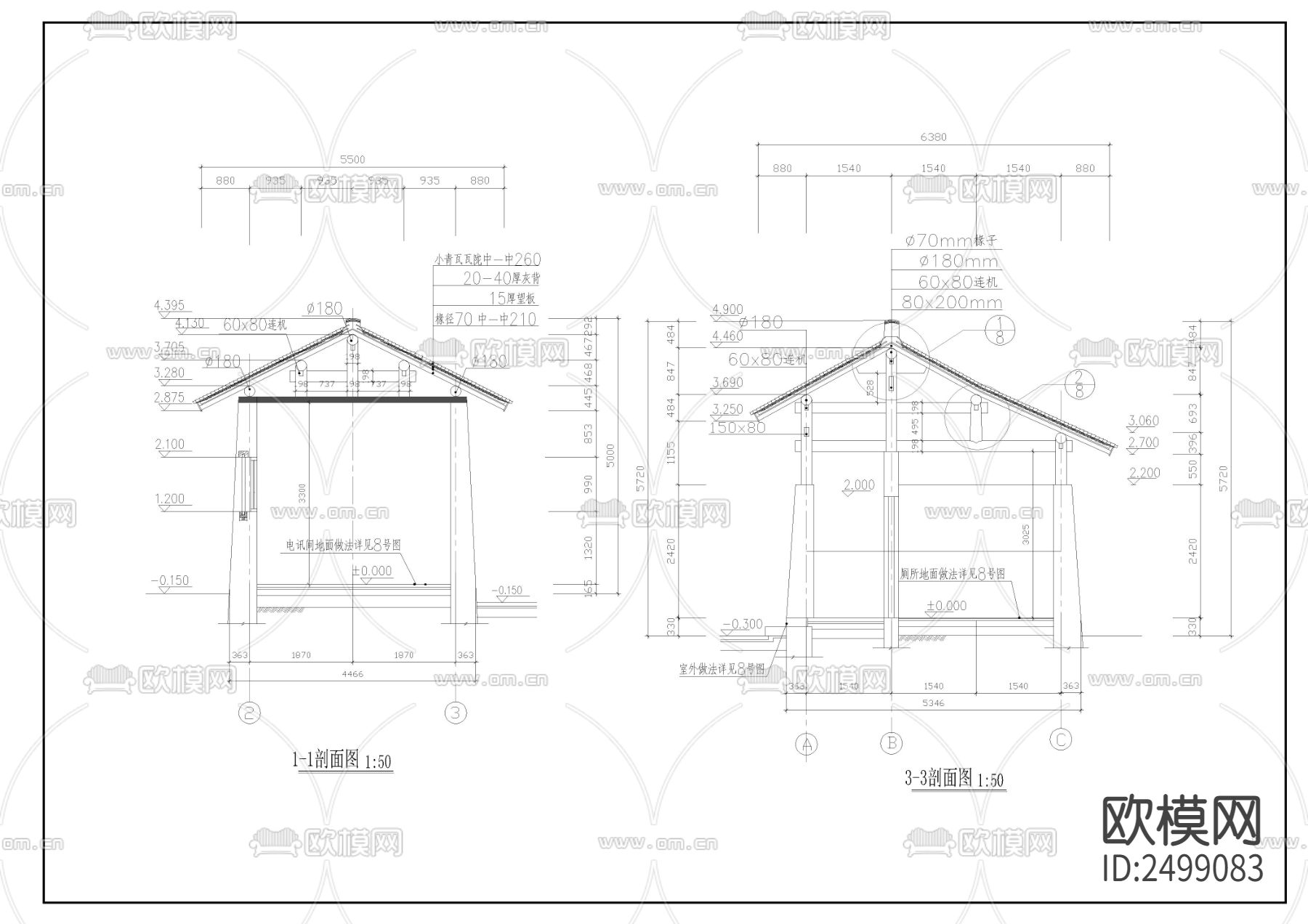 某公园仿古式公共厕所建筑cad施工图下载（渲染图4）