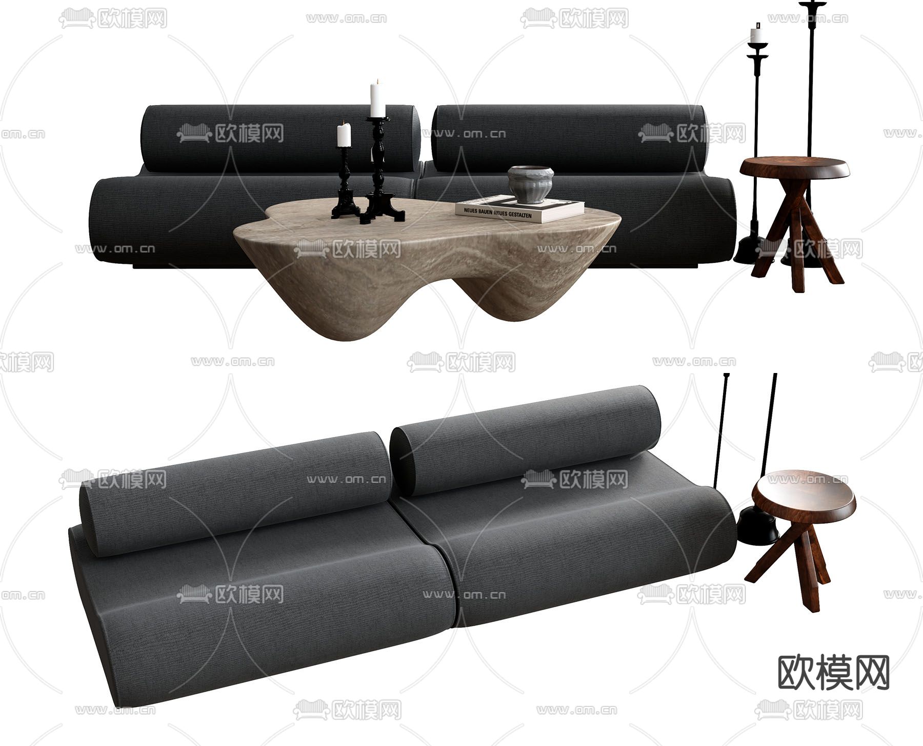 暗黑风布艺双人沙发茶几组合su模型下载（渲染图1）