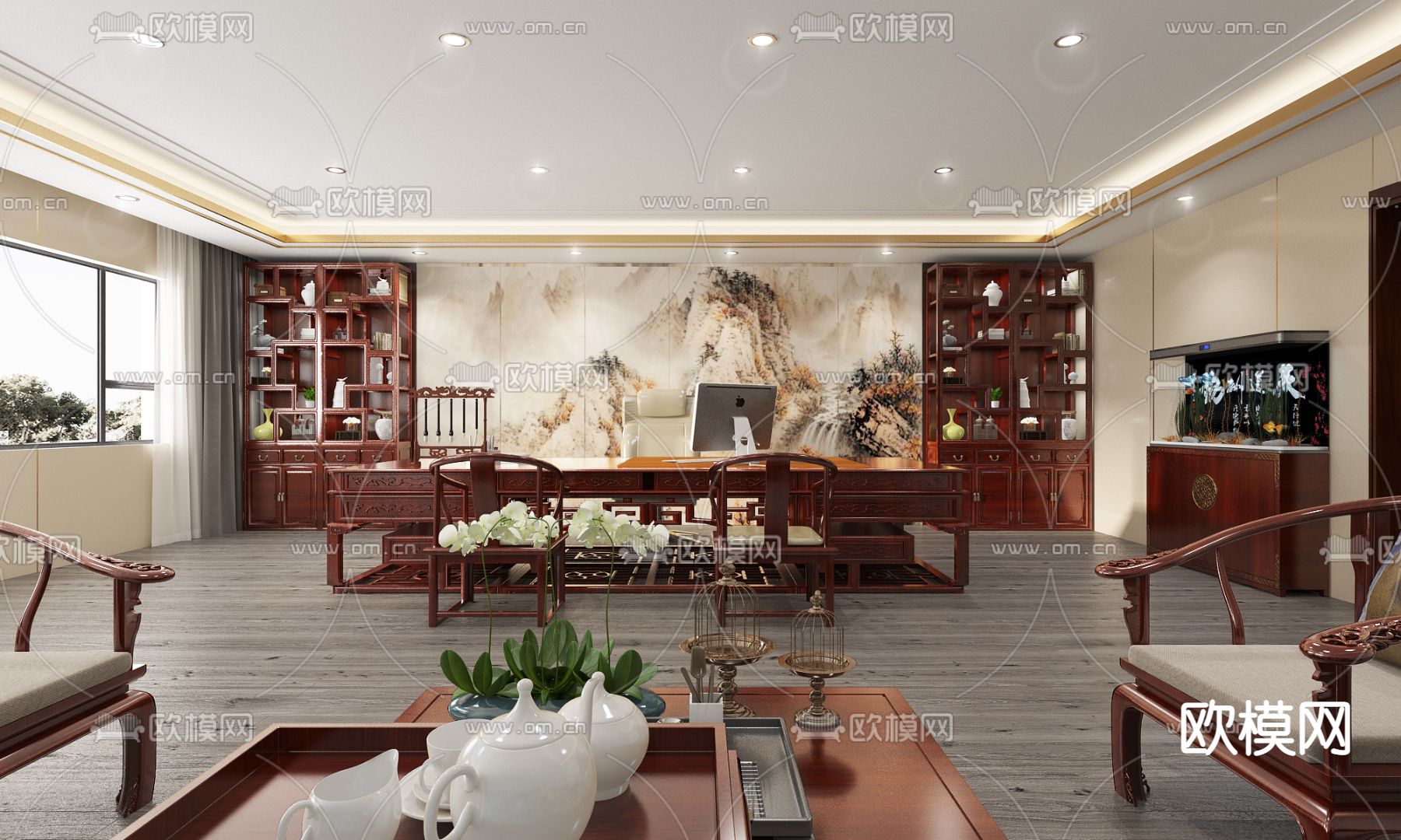 中式董事长室 总经理室3d模型下载（渲染图1）