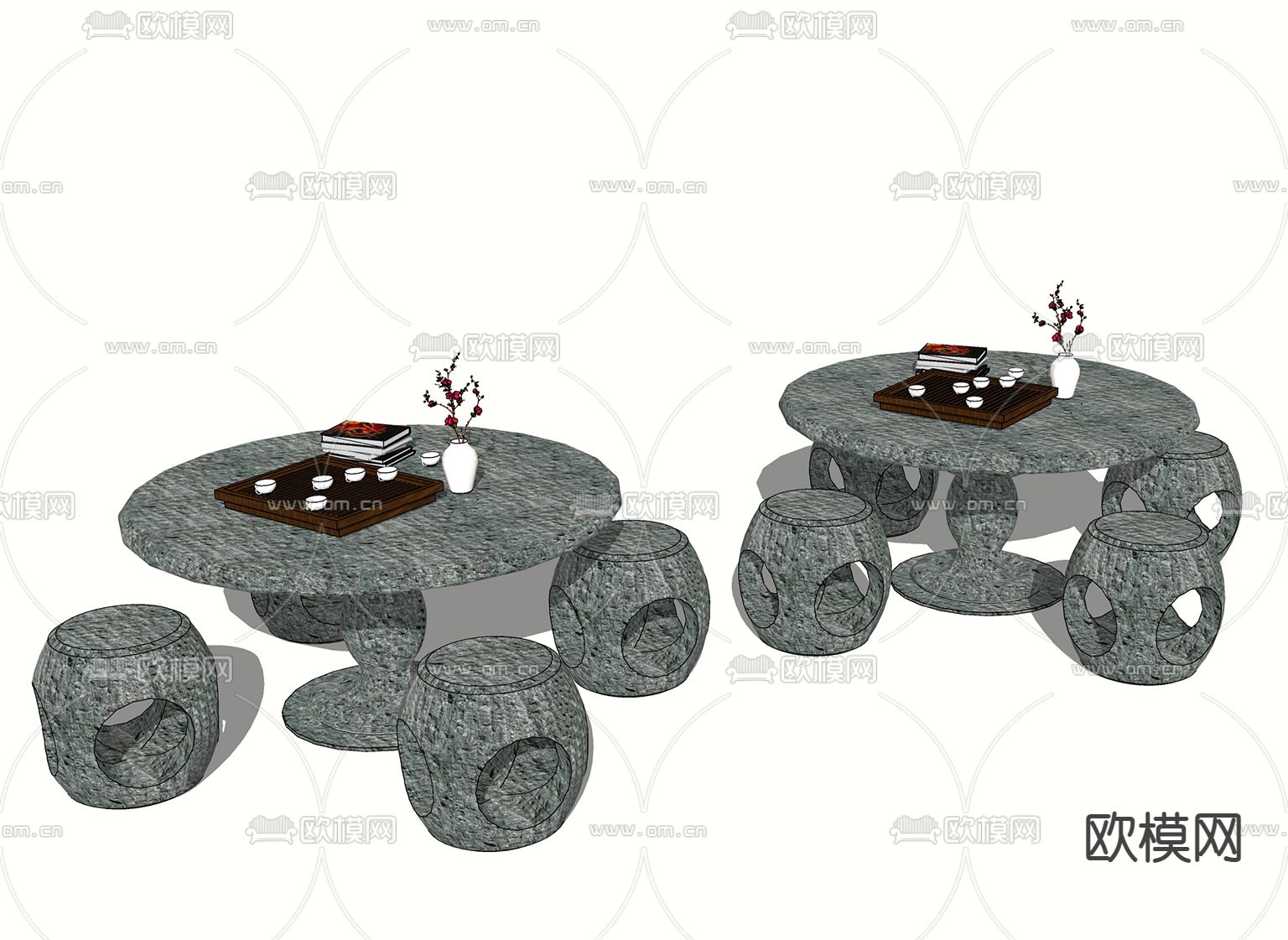 新中式石凳 石桌su模型下载（渲染图1）