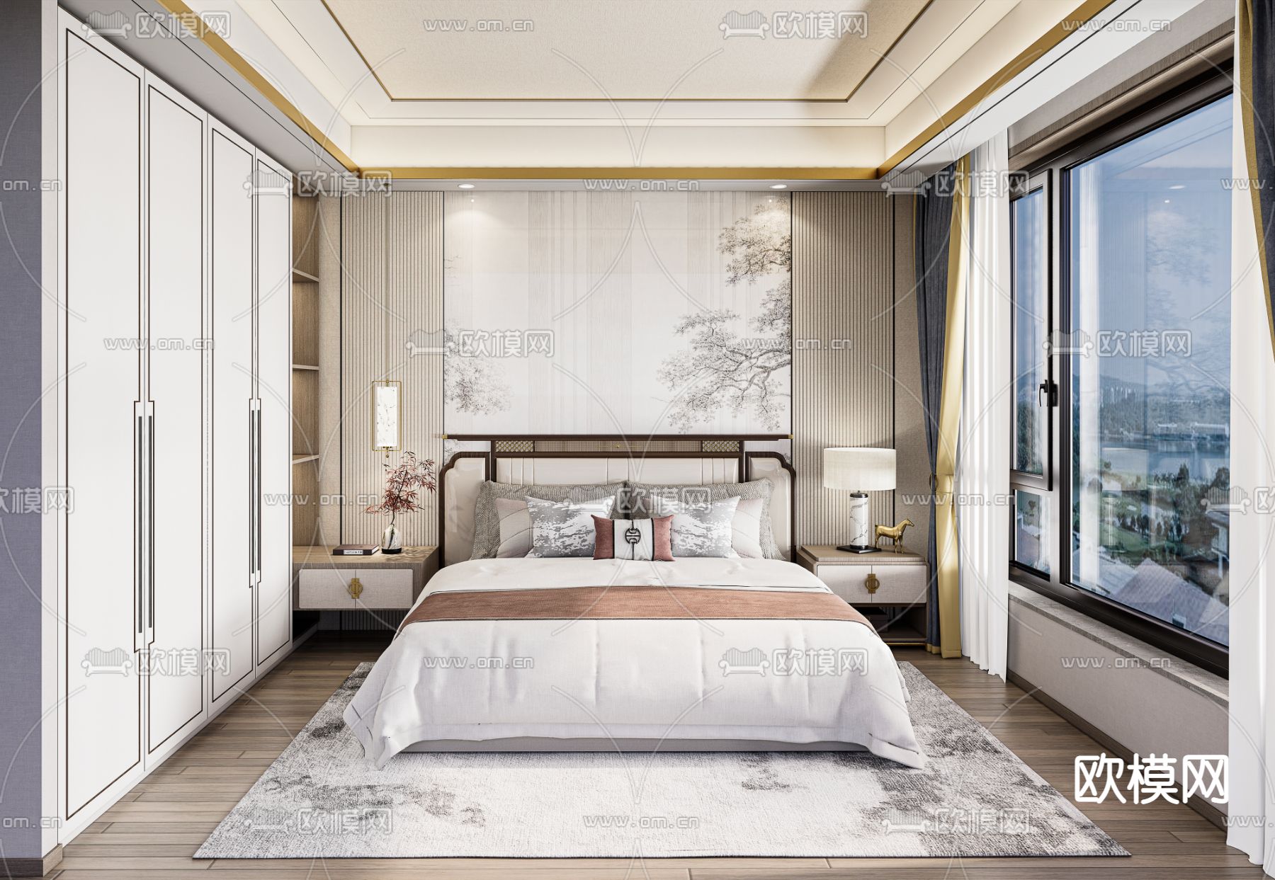 中式卧室su模型下载（渲染图1）